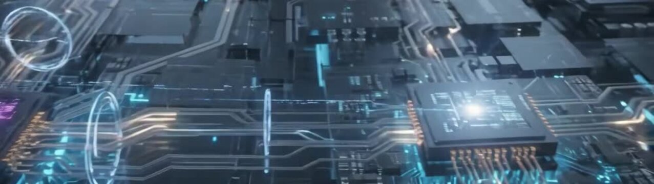 Artificial intelligence and data processing concept glowing microchip processor on a motherboard with digital information flow and electronic circuit connectivity.