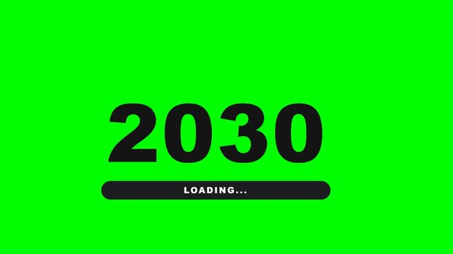 Flat vector new year loading transition like the reference on solid chroma green background with NO shadows at all: huge black bold digits 2 0 static with equal spacing; last two digits start as black