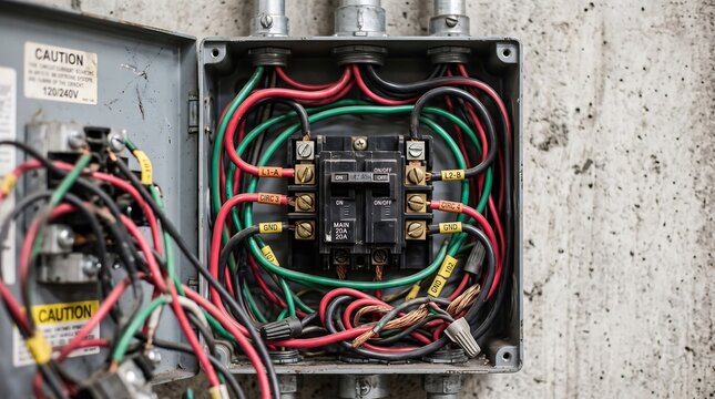 Complex Electrical Control Panel with Tangled Red Black and Green Wires Inside