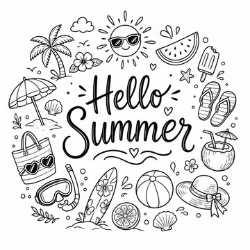 Hello summer hand drawn lettering with seasonal doodle icons in a circular frame