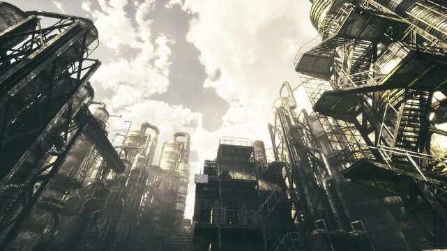 stormy industrial sprawl with dramatic vents and flares, faceted towers and shadowed walkways produce cinematic noir mood and gritty urban texture under heavy