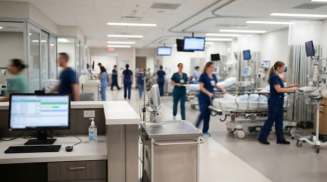 Medical professionals working in a busy hospital ward