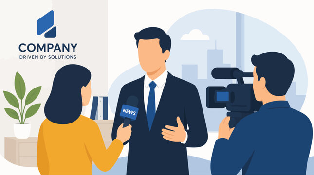 Journalist interviewing businessman with camera crew filming.