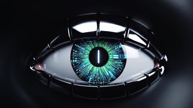 Futuristic Cybernetic Eye with Glowing Blue Iris and Mechanical Technology