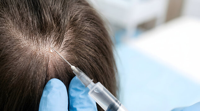 Hair mesotherapy injection procedure in clinic. Medical treatment for hair loss and scalp health