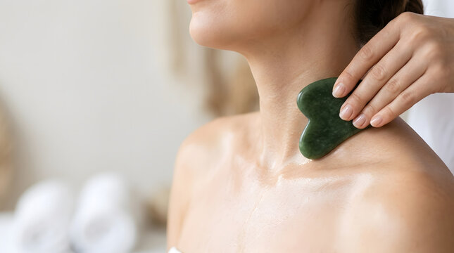 Gua sha facial massage on neck and shoulders with jade stone. Spa and wellness body care