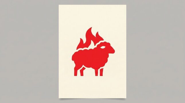 red silhouette of sheep with flames on its back against beige background. minimalist abstract logo design. danger, warning, sacrifice concept. poster, print, t-shirt graphic.