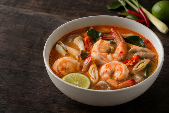 Thai Tom Yum Shrimp Soup in a Ceramic Bowl