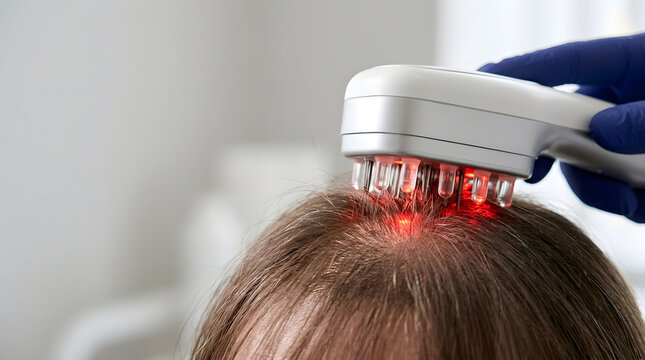 Laser hair loss treatment on a female scalp with red light device. Cosmetology and trichology procedure