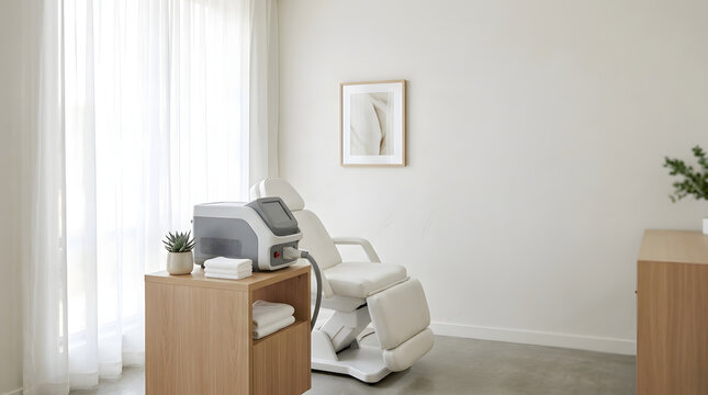 Modern cosmetology clinic interior with treatment chair and hardware machine. Clean white spa room