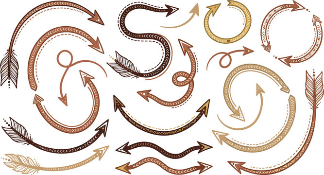 Boho Tribal Arrow Icon Set with Ornate Hand Drawn Details Featuring Wavy Curved Spirals and Circular Native American Style Decorative Graphic Pointers