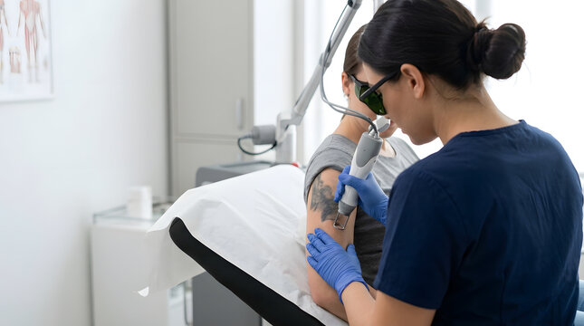 Dermatologist performing laser tattoo removal on a patient arm in a clinic. Medical procedure in progress