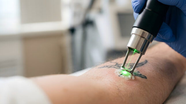 Laser tattoo removal treatment on skin with green laser beam. Cosmetology and dermatology procedure
