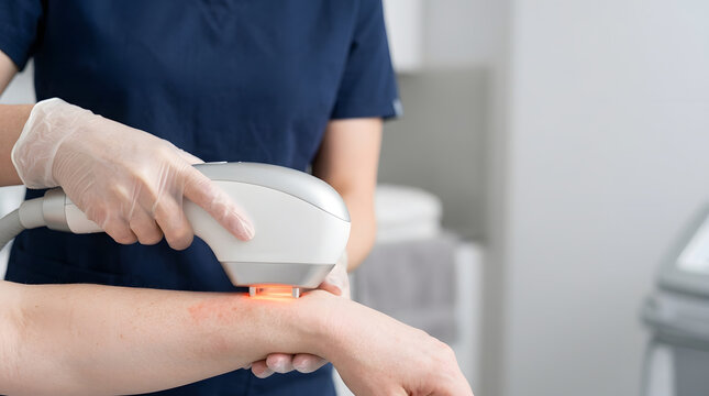 Laser hair removal procedure on arm. Cosmetology clinic treatment with laser device
