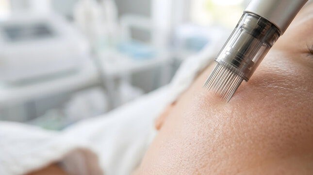 Microneedling procedure on patient face. Cosmetology and skin rejuvenation treatment in medical clinic
