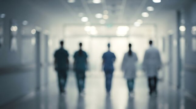 Five people walking away in a bright hallway
