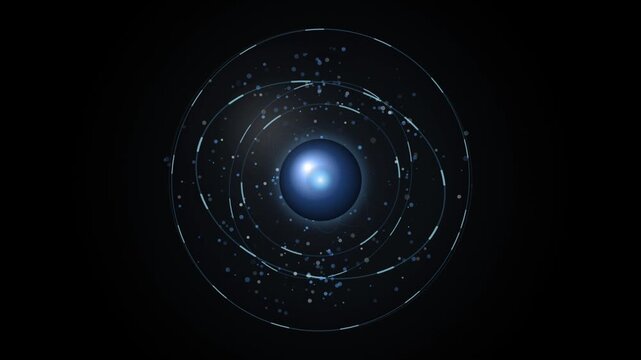 Abstract atom model with rotating orbital rings and glowing particles, science and technology background