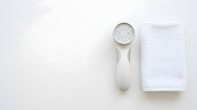 Top view of LED light therapy facial device and white towel on white background. Modern cosmetology skincare equipment. Copy space