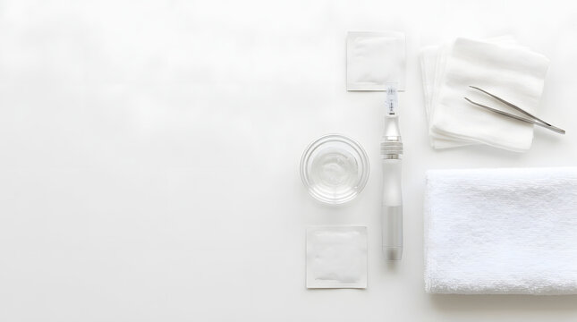 Flat lay of microneedling derma pen with cosmetic gel and sterile accessories on white background. Skincare aesthetician tools. Copy space