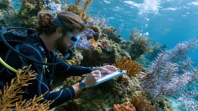 Marine biologist examining coral reef with clipboard underwater during scientific research in clear blue ocean water