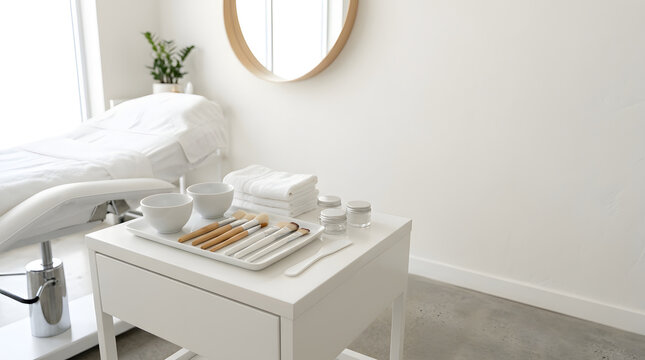 Cosmetology treatment room interior with facial brushes, creams, and treatment bed. Aesthetic spa clinic equipment