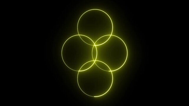 Four interconnected bright yellow glowing neon circles on a solid black