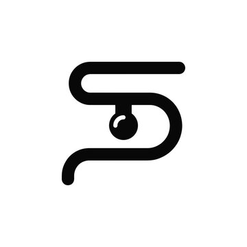 Minimalist black stylized letter S icon featuring a winding line and circular bead element