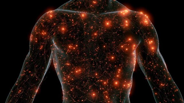 Glowing points illustrate chronic pain symptoms in fibromyalgia affecting the human body