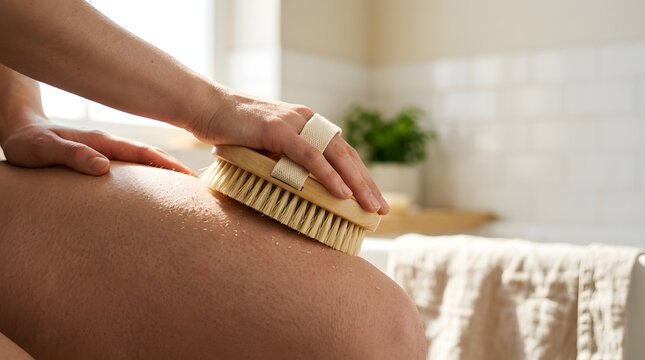 Dry body brushing on leg with wooden brush. Exfoliating skin treatment in a bathroom setting