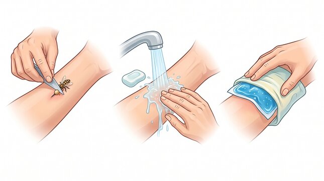 Medical illustration of the correct procedure for a bee sting: removing the stinger with a blade, washing and icing
