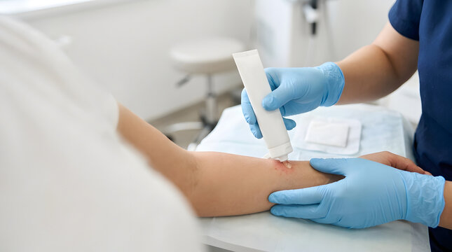 Dermatologist applying gel to arm of a patient in a clinic. Medical skin procedure preparation