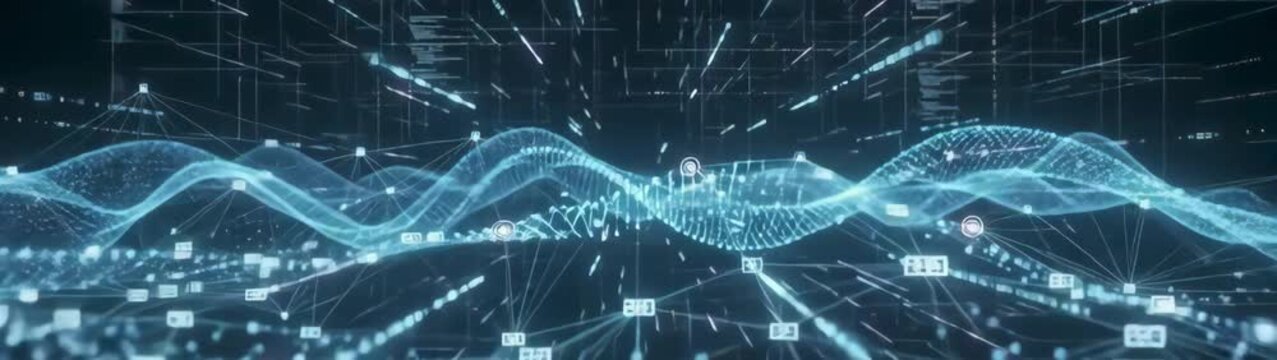 Big data and digital transformation concept abstract blue wave of information particles and network connections flowing in cyberspace.
