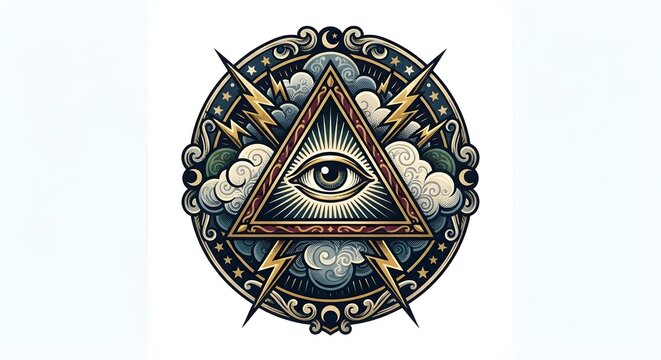 Masonic All Seeing Eye of Providence symbol inside a triangle surrounded by lightning bolts, clouds, and stars, esoteric vintage emblem vector illustration.
