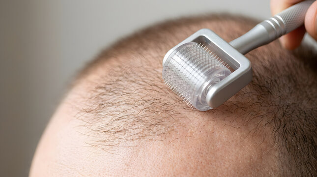 Derma roller treatment for hair loss on a man's head. Microneedling procedure for scalp health