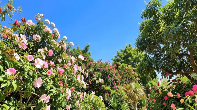 Blossoming Pink and White Oleander Flowers Under a Clear Blue Sky
