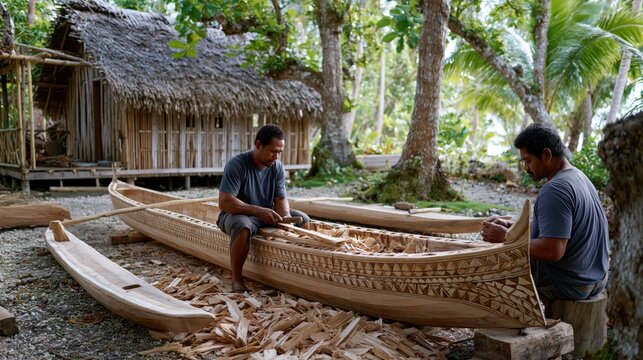 Two Polynesian men carving a traditional wooden outrigger canoe with intricate patterns during daylight in a tropical village setting