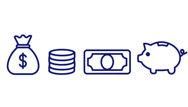 Minimal line icons set of financial investment, money bag with dollar sign, coin stack, banknote cash, and piggy bank.