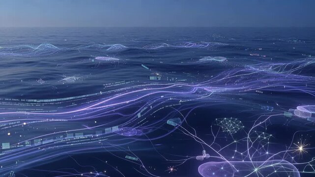 Luminous digital waves flow across a dark ocean background, showing connected data networks and modern technology
