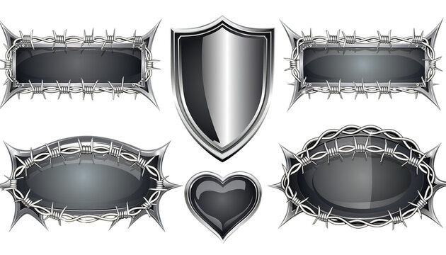 A set of emblems and decorative frames featuring a shiny chrome finish, wrapped in barbed wire and sharp spikes, includes shield, oval, and heart shapes set against.