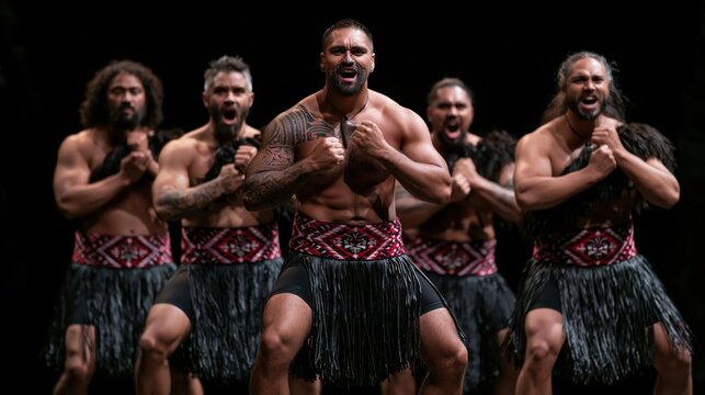 Maori warriors performing a haka dance with fierce expressions and traditional attire against a dark background