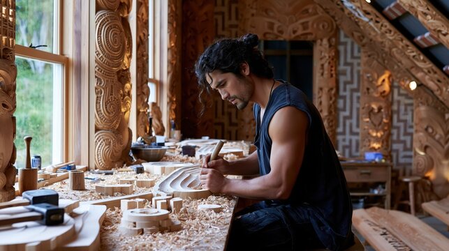 Maori craftsman carving wood with traditional tools in a rustic workshop bathed in natural light