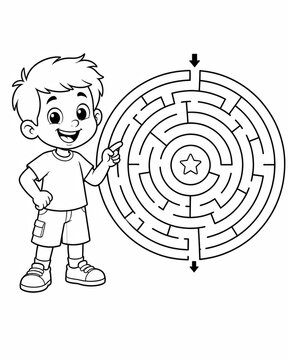 Happy young boy standing next to a circular maze puzzle for kids coloring page activity