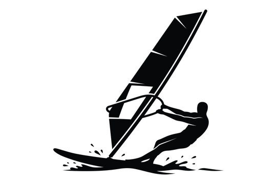 Silhouette of a windsurfer riding the waves on the ocean water with windsurfer