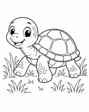 Cute little turtle cartoon character drawing for kids coloring book page illustration