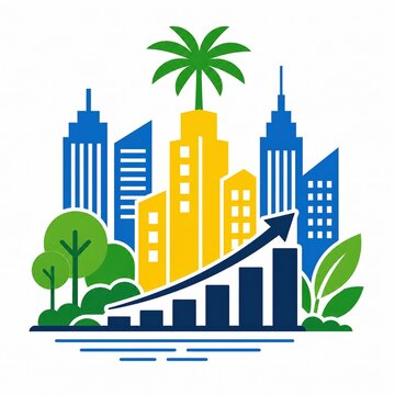 City buildings and green trees with a growing business graph icon on white background