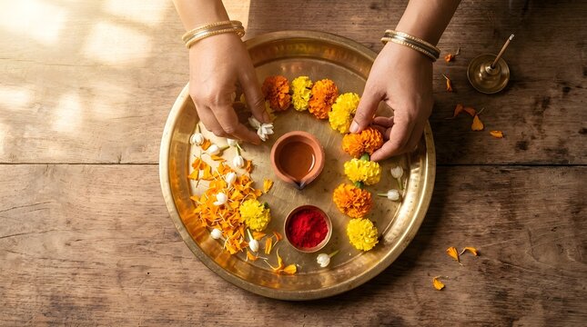 Top view of woman hands with bangles arranging marigolds, jasmine, red kumkum, and clay diya on brass puja thali plate over rustic wooden table.