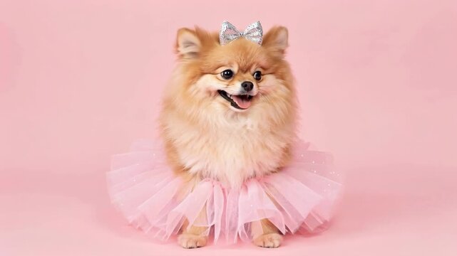 Cute Pomeranian Dog Wearing a Pink Tutu and Sparkling Bow
