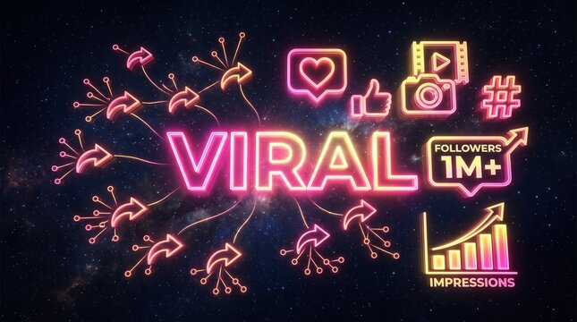 Social media marketing holographic viral content icons dark background with VIRAL text and follower count, digital marketing technology innovation concept