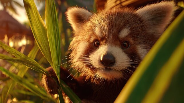 A curious red panda peeks through lush green bamboo stalks, its adorable face illuminated by warm sunlight