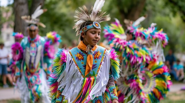 Young Native American boy in ornate regalia dances outdoors during a cultural celebration with blurred participants in background